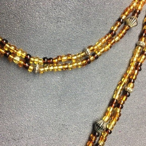 Long Double Strand Necklace Amber Brown Beads Fluted Silver Retro Boho Hippie - Picture 4 of 6